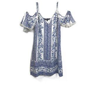 Boho Summer Dress Blue Floral Embroidered Sleeve Blue S